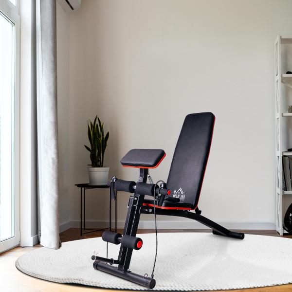 Banco de Musculação com Encosto Ajustável em 7 Posições Extensão de Pernas Apoio para Bíceps e Banda de Resistência para Treino Completo em Casa 54x160x106cm Preto e Vermelho