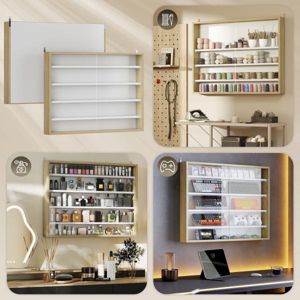 Vitrine de Parede de Madeira com Prateleiras Ajustáveis e 2 Portas Corredeiras de Vidro para Coleções Perfumes 80x9,5x60 cm Madeira e Branco
