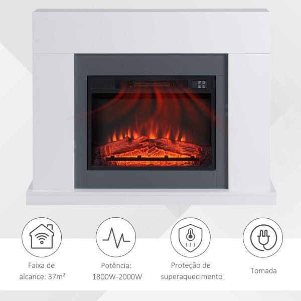 Lareira Elétrica 1800 - 2000W com Controle Remoto Chama Ajustável Termostato Temporizador Semanal e Proteção contra Superaquecimento 113x26,6x87,5cm Branco