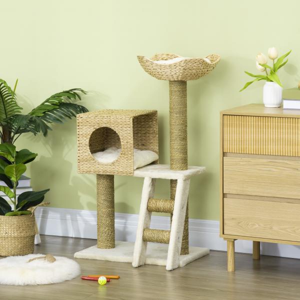 Arranhador para Gatos Arranhador para Gatos com Cama Superior Caverna 2 Almofadas 2 Postes Escada 57x37x100,5cm Bege
