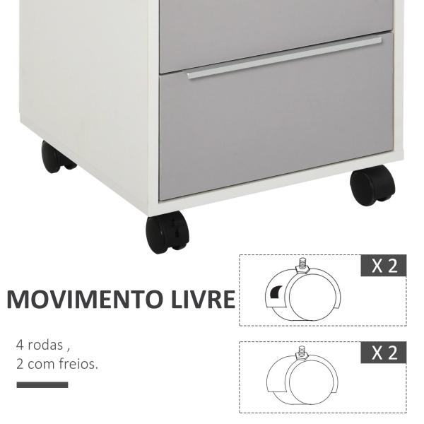Bloco de Gavetas Móvel de Escritório com 3 Gavetas Fechadura Rodas e Travão para Documentos 40x40x63,5 cm Branco e Cinza