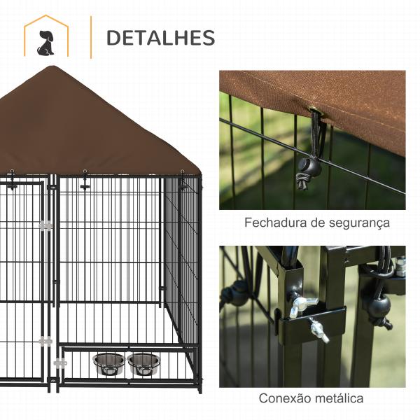 Parque para Cães com Toldo com Suporte Giratório para Comida 2 Tigelas Incluídas 141x141x151 cm Preto Marrom