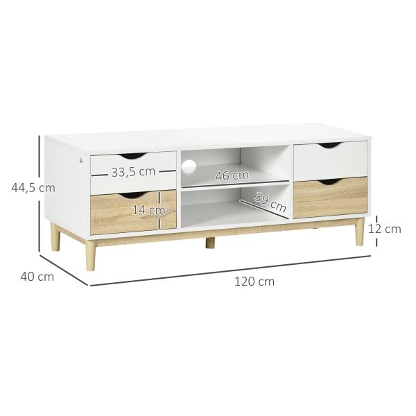 Móvel de TV para Televisores de até 55" com Prateleiras de Armazenamento e 4 Gavetas 120x40x44,5cm Branco e Carvalho