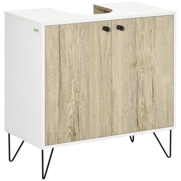 Móvel para Lavatório Pousar de Madeira com 2 Portas Prateleira e Pés de Aço 60x30x60cm Carvalho e Branco