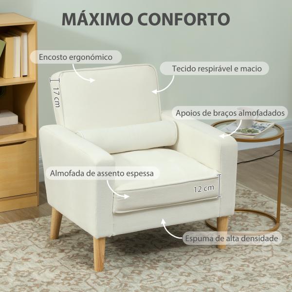 Poltrona Sala de Estar Estofada em Veludo Poltrona de Leitura com Assento com Botões e Pés de Madeira 76x79x82 cm Creme