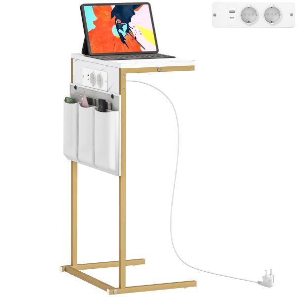Mesa Auxiliar com Estação de Carga Mesa Lateral com 2 Entradas USB 1 Entrada USB - C e Bolsa Organizadora 25,5x40x71 cm Branco