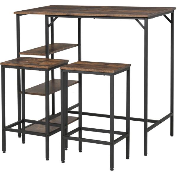 Conjunto de mesa de bar e 2 bancos com apoio para os pés e prateleiras de 3 níveis 109x60x100 cm marrom rústico