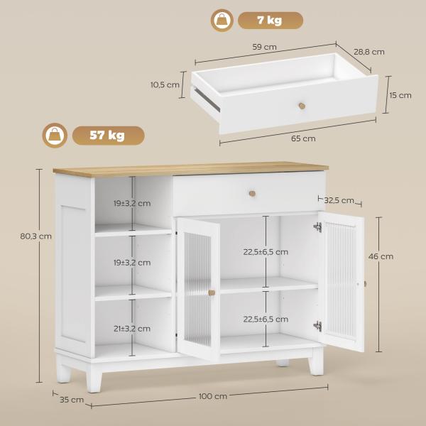 Aparador 2 Portas de Vidro Aparador para Sala Moderno com Gaveta Compartimentos Abertos 100x35x80,3 cm Branco
