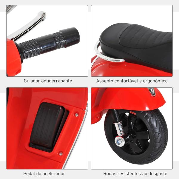Mota Elétrica para Crianças com Licença Vespa com Música Velocidade 2 - 3 km/h e Buzina 102x50,5x75,5 cm Vermelha