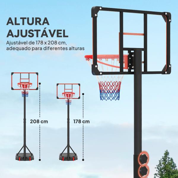 Tabela de Basquetebol com Altura Ajustável 178 - 208 cm Rodas Base Recarregável para Exterior 75x56x210 - 240 cm Vermelho e Preto