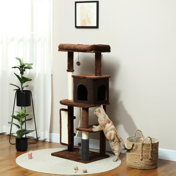 Arranhador para Gatos Grande Altura 132 cm com Plataformas Postes com Escova Bolas Suspensas e Almofadas para Arranhar Marrom