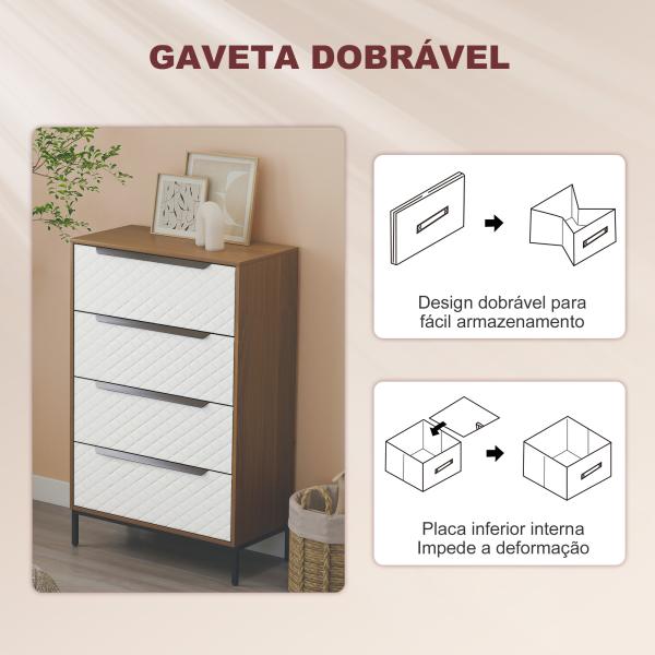 Cómoda com 4 Gavetas de Tecido Frentes com Padrão de Diamante Móvel de Arrumação 59,5,5x30x92,5 cm Madeira e Branco
