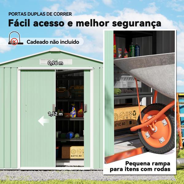 Abrigo de Jardim 213x130x185cm Abrigo de Jardim Metálico de Exterior com 2 Portas Deslizantes e 4 Janelas Verde Claro