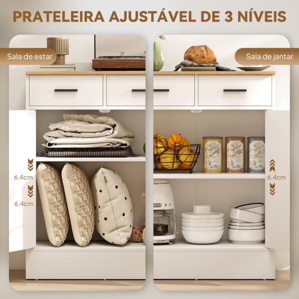 Aparador de Sala de Estar com 2 Gavetas e Prateleiras Ajustáveis 68,6x35x90,3 cm Branco e Madeira