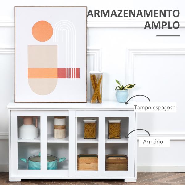 Aparador de Cozinha Moderno Móvel Auxiliar com 2 Portas de Correr de Vidro e Prateleira Ajustável 107x33x62,5 cm Branco