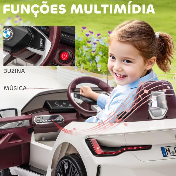 Carro Elétrico para Crianças BMW i4 12V com Controlo Remoto Música MP3 Ecrã Luzes e Cinto de Segurança 115x67x45 cm Branco