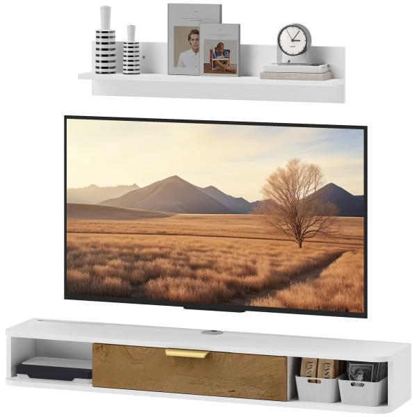 Móvel de TV Sala de Estar com Prateleira de Parede Armário Orifícios para Cabos para Televisão de Parede 120x24x16 cm Branco