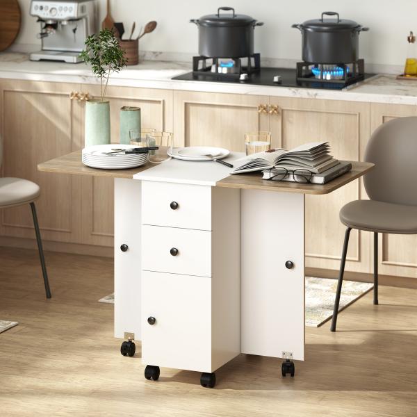 Mesa de Refeição com Rodas Mesa Abatível com 2 Gavetas e Armário Mesa Auxiliar Multifuncional 120x60x76,5 cm Branco