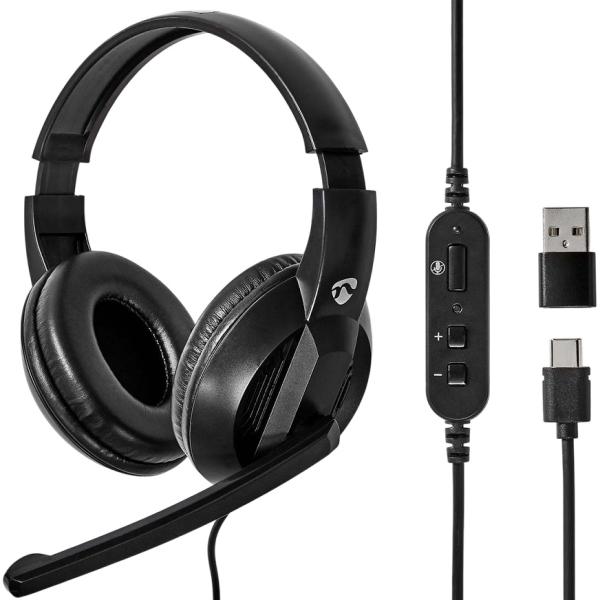 Auscultadores Headset USB p/ PC c/ Micro (Preto) - NEDIS