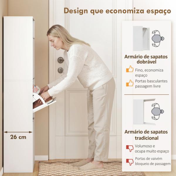 Sapateira Estreita com 3 Gavetas Rebatíveis Prateleiras Ajustáveis e Compartimento Aberto Capacidade para 12 - 18 Pares Branco