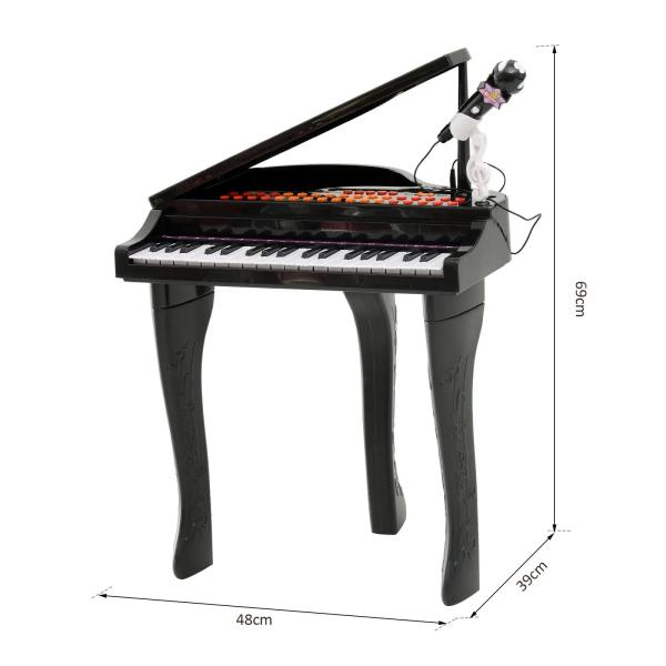 Piano para Crianças com 37 Teclas Microfone Banco Luzes 22 Músicas e Entrada para MP3 e USB 48x39x69 cm Preto