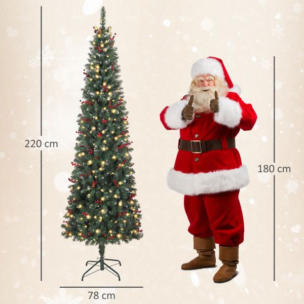 Árvore de Natal Slim 230 cm com Luzes LED 8 Modos de Iluminação 761 Ramos com Purpurina Prateada Pinhas e Bagas Verde