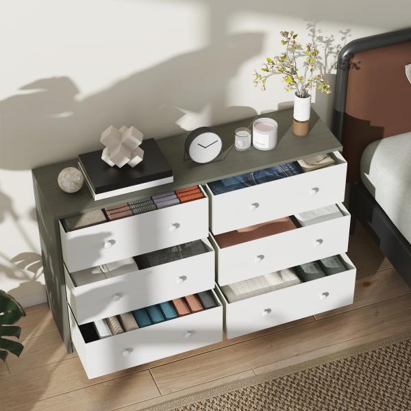 Cómoda com 6 Gavetas de Tecido Cómoda para Quarto Estrutura de Aço e MDF 114x30x70 cm Branco e Cinza