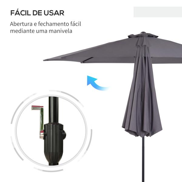 Chapéu de Sol de Jardim Ø295x250cm com Manivela Chapéu de Sol Exterior com Mecanismo de Inclinação e Mastro Desmontável de Metal para Terraço Piscina Pátio Cinza Escuro