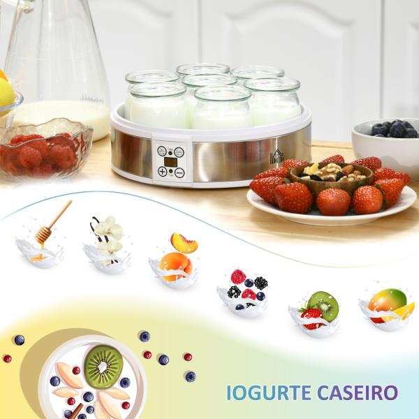 Iogurteira 20W Capacidade 1,26L com 7 Frascos de Cristal de 180 ml Termóstato Ajustável Temporizador de 1 - 48 horas 24x24x13 cm Branco