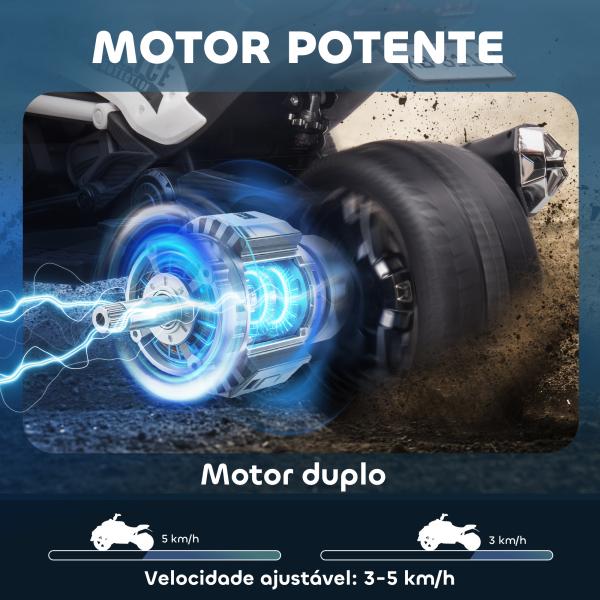 Quadricilo Elétrico para Crianças 12V com 2 Motores Velocidade até 5 km/h 3 Rodas Faróis Buzina Música 113x74x63 cm Preto e Branco