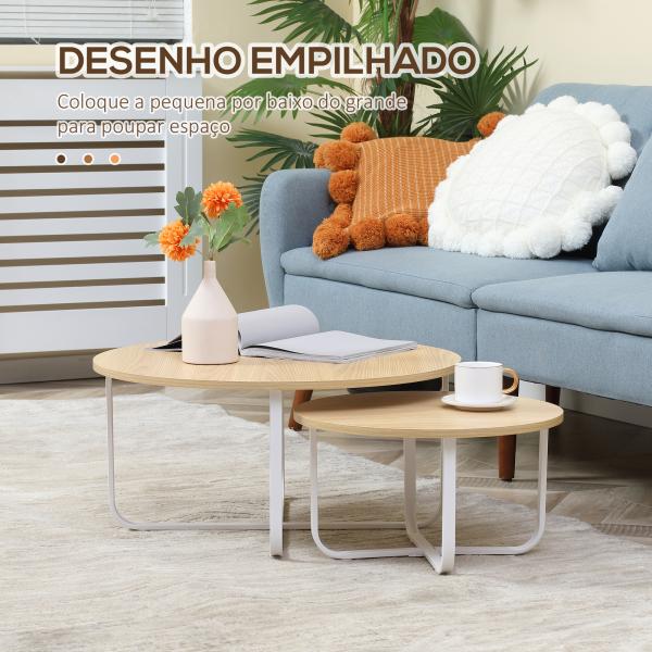 Conjunto de 2 Mesas de Centro Ø65x32cm e Ø45x26cm Mesas Redondas com Bancada de Madeira e Pés de Metal Madeira e Branco