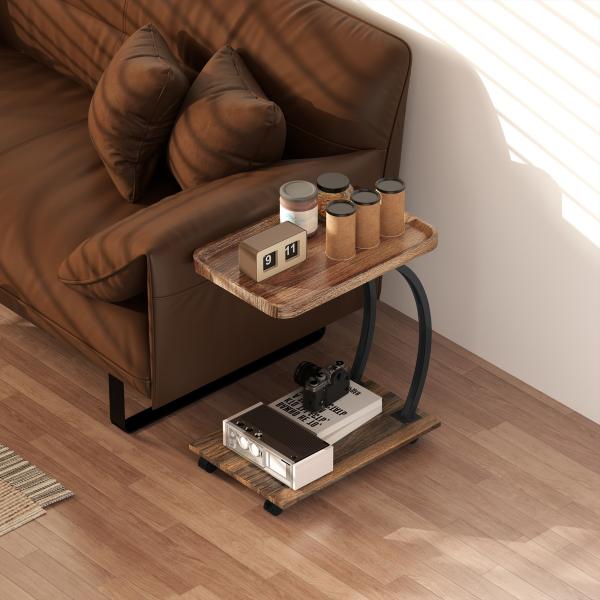 Mesa Auxiliar em Forma de C com Rodas para Sofá com Prateleiras Estrutura de Aço 52x34x60 cm Madeira e Preto