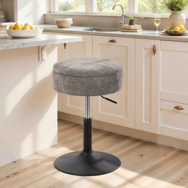 Banco de Bar com Armazenamento Altura Ajustável Giratório Estofado em Chenilla 39x39x49 - 65 cm Cinzento