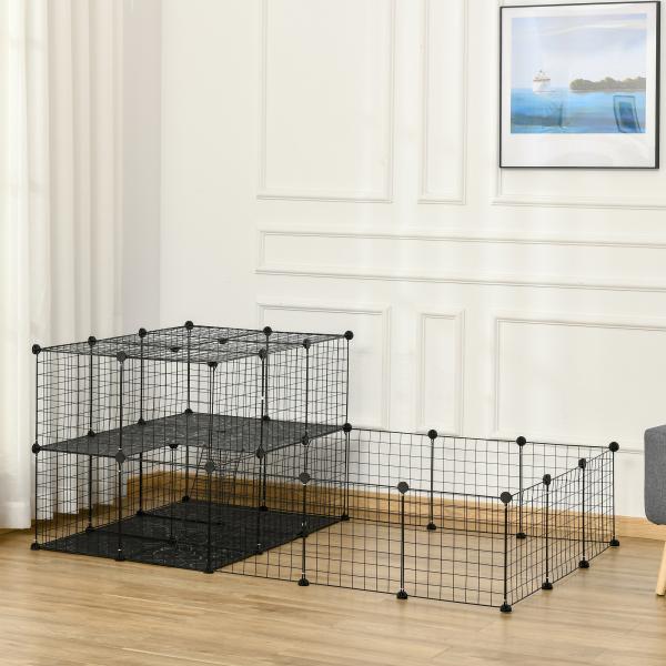 Recinto para Pequenos Animais Recinto Metálico para Animais com Forma Personalizável para Coelhos Porquinho da Índia 175x105x70 cm Preto