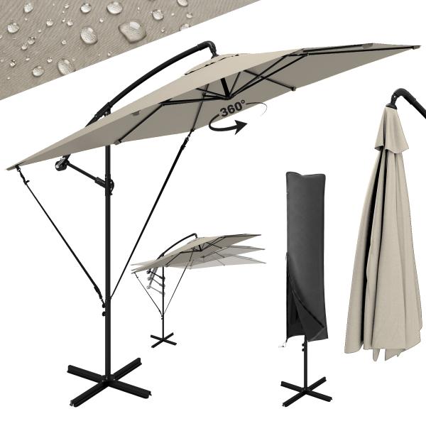 Chapéu de Sol Excêntrico 247x247 cm com Base Cruzada, Manivela, Capa Protetora e Toldo Giratório 360° 247x247x256 cm Caqui