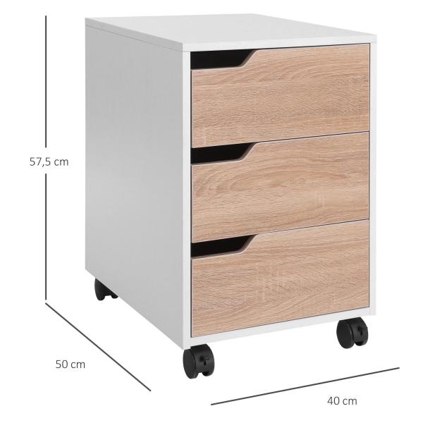 Bloco de Gavetas para Escritório Móvel de Escritório Bloco de Gavetas com 3 Gavetas e 4 Rodas 40x50x57,5 cm Madeira e Branco