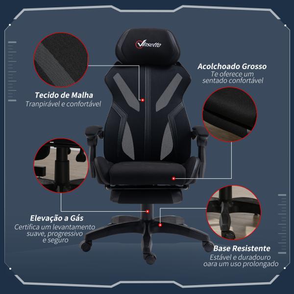 Cadeira de Gaming com Apoio para os Pés Retrátil Cadeira de Escritório Reclinável com Apoio para a Cabeça e Altura Ajustável 65x65x119 - 129cm Preto