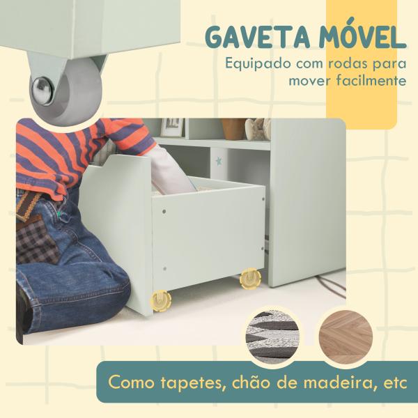 Estante de Madeira para Brinquedos com 3 Compartimentos 2 Prateleiras e Gaveta Móvel com 4 Rodas 60x29,9x90 cm Verde