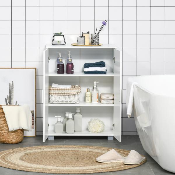kleanklin Armário de Casa de Banho com 2 Portas e 2 Prateleiras Ajustáveis em 7 Níveis Móvel Auxiliar de Armazenamento para Sala de Estar Cozinha 60x30x80cm Branco