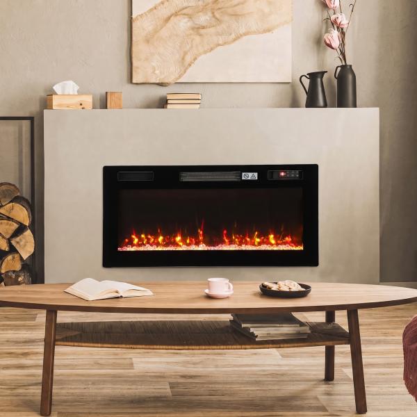 Lareira Elétrica Ultrafina 900/1800W Encastrável/De Parede/De Pé, 12 Cores de Chama 3D, Controlo Remoto, até 35 m², Preta
