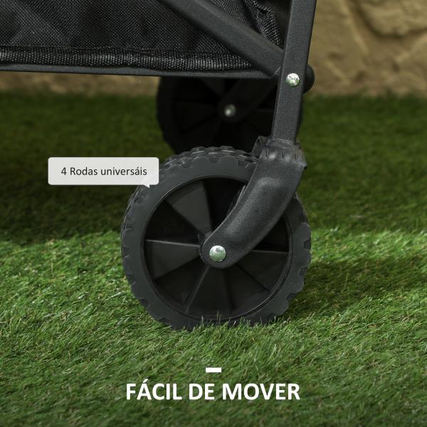 Carrinho de Transporte com Rodas Carrinho de Jardim Dobrável com Pega Telescópica Ajustável 2 Bolsas de Arrumação 64x42x27 cm Preto
