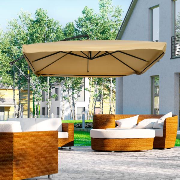 Chapéu de Sol de Jardim Chapéu de Sol Excêntrico com Rede Mosquiteira Manivela e Base Cruzada 295x295x260 cm Bege
