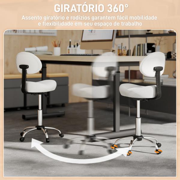 Banco Giratório Rodas e Encosto Amovível Banco de Trabalho com Altura Regulável 83 - 98 cm Assento Estofado em Couro Sintético Branco
