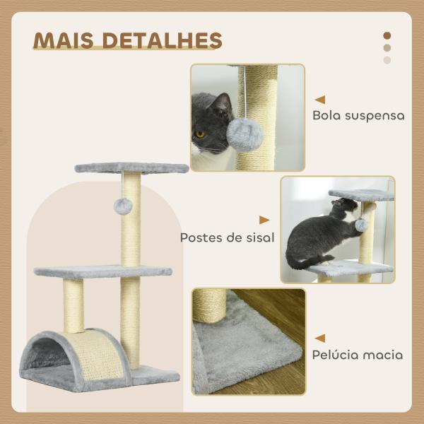 Arranhador para Gatos Médio de 3 Níveis com Postes de Sisal Placa para Arranhar e Bola Suspensa 40x35x72 cm Cinza
