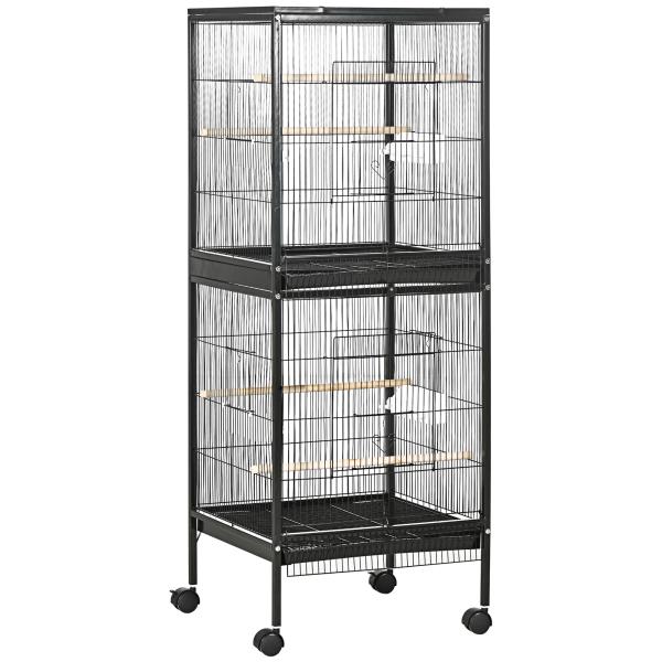 Gaiola para Pássaros com Rodas de 2 Níveis com Bandejas Removíveis Portas Comedouros Poleiros 51,5x50x140 cm Preto