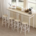 Conjunto de Móvel Bar com Mesa Alta e 2 Bancos com Prateleira de Armazenamento e Estrutura de Metal 80x50x90cm Branco e Madeira