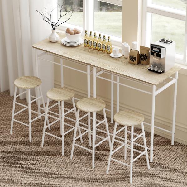Conjunto de Móvel Bar com Mesa Alta e 2 Bancos com Prateleira de Armazenamento e Estrutura de Metal 80x50x90cm Branco e Madeira