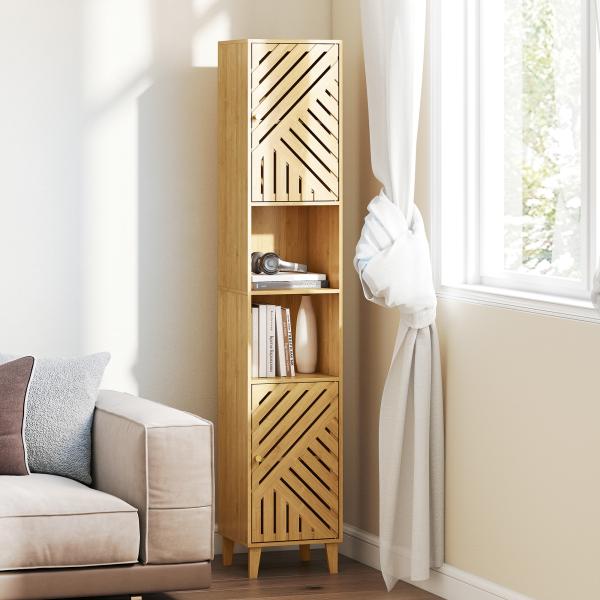 Coluna de Casa de Banho Estreita Armário de Casa de Banho Alto com Portas e Pés de Bambu 32x30x170 cm Madeira