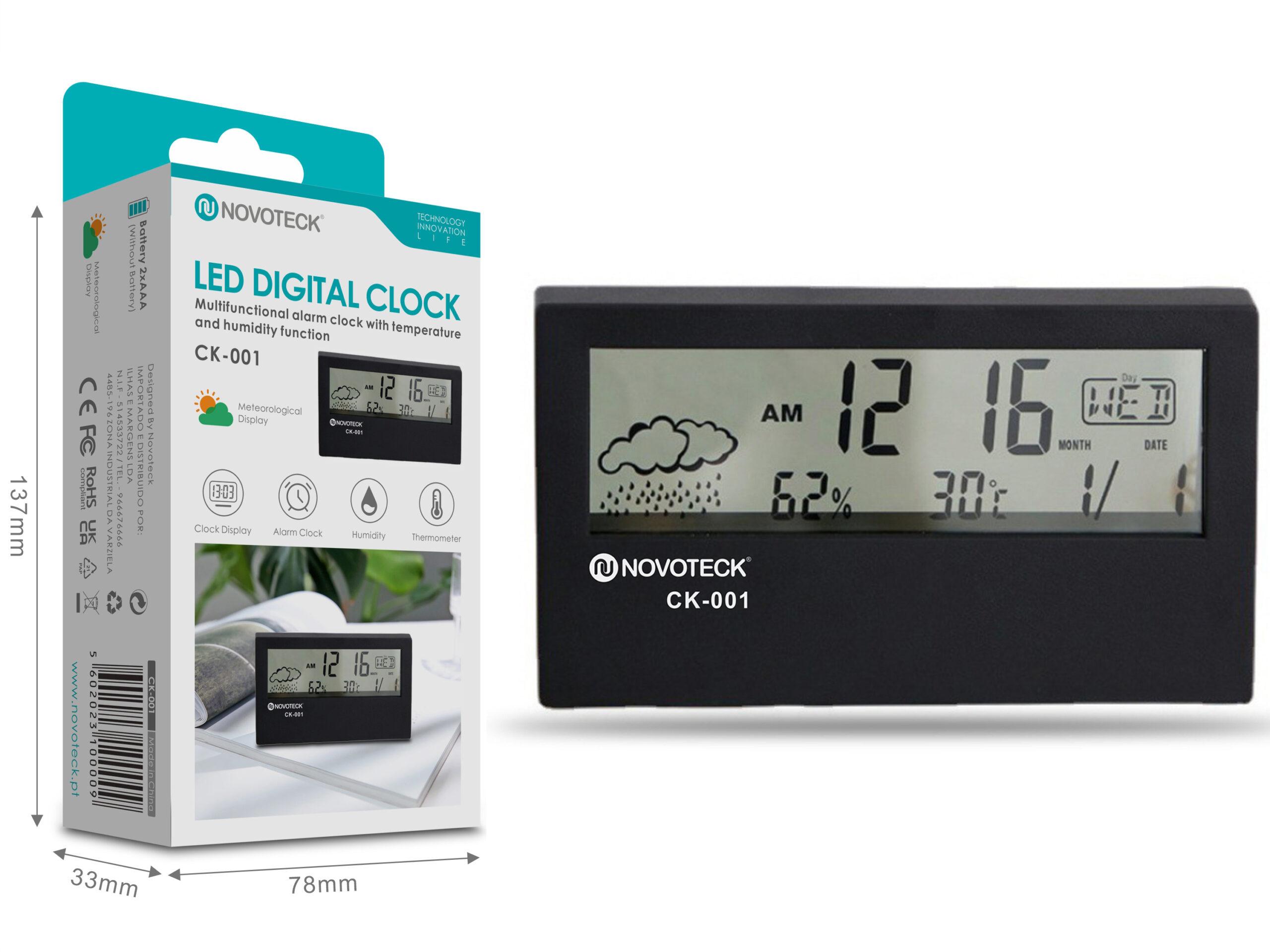 Relógio Digital LED Multifuncional NOVOTECK CK - 001 Alarme e Funções de Temperatura e Umidade Negro