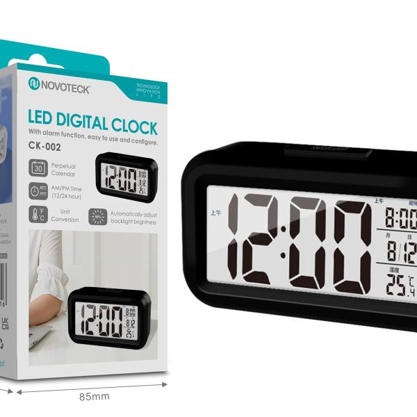 Relógio Digital LED NOVOTECK CK-002 Negro com Calendário, Alarme e Indicador de Temperatura